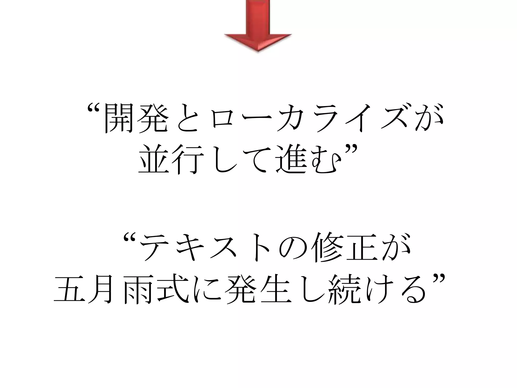 “開発とローカライズが
  並行して進む”

 “テキストの修正が
五月雨式に発生し続ける”
 