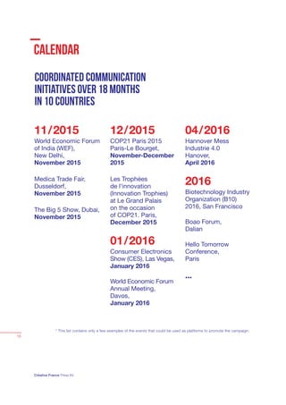 Créative France Press Kit
18
CALENDAR
11/2015
World Economic Forum
of India (WEF),
New Delhi,
November 2015
Medica Trade Fair,
Dusseldorf,
November 2015
The Big 5 Show, Dubai,
November 2015
12/2015
COP21 Paris 2015
Paris-Le Bourget,
November-December
2015
Les Trophées
de l'innovation
(Innovation Trophies)
at Le Grand Palais
on the occasion
of COP21. Paris,
December 2015
01/2016
Consumer Electronics
Show (CES), Las Vegas,
January 2016
World Economic Forum
Annual Meeting,
Davos,
January 2016
04/2016
Hannover Mess
Industrie 4.0
Hanover,
April 2016
2016
Biotechnology Industry
Organization (B10)
2016, San Francisco
Boao Forum,
Dalian
Hello Tomorrow
Conference,
Paris
...
COORDINATED COMMUNICATION
INITIATIVES OVER 18 MONTHS
IN 10 COUNTRIES
* This list contains only a few examples of the events that could be used as platforms to promote the campaign.
 