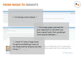 FROM INSIDE TO INSIGHTS


      “…I’m having a heart attack…”




                                    “…Try to play poker and wait for
                                    your opponent to call when you
                                    have a good hand, that usually get
                                    mine around 140 bpm…”


      “…I mean if I have a huge hand,
      I’m gonna probably go crazy on
      the inside and try to burst out into
      frenzy…”
 