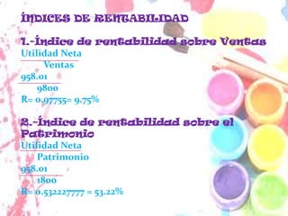 ÍNDICES DE RENTABILIDAD

1.-Índice de rentabilidad sobre Ventas
Utilidad Neta
     Ventas
958.01
    9800
R= 0.97755= 9.75%

2.-Índice de rentabilidad sobre el
Patrimonio
Utilidad Neta
    Patrimonio
958.01
    1800
R= 0.532227777 = 53.22%
 
