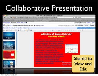 Collaborative Presentation




                             Shared to
                             View and
                                Edit
Wednesday, November 28, 12
 