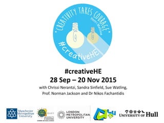 #creativeHE
28 Sep – 20 Nov 2015
with Chrissi Nerantzi, Sandra Sinfield, Sue Watling,
Prof. Norman Jackson and Dr Nikos Fachantidis
 
