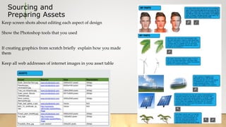Sourcing and
Preparing Assets
Keep screen shots about editing each aspect of design
Show the Photoshop tools that you used
If creating graphics from scratch briefly explain how you made
them
Keep all web addresses of internet images in you asset table
 