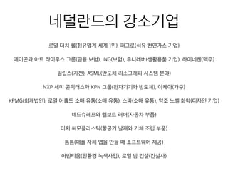 로열 더치 쉘(정유업계 세계 1위), 퍼그로(석유 천연가스 기업)
에이곤과 아트 라이우스 그룹(금융 보험), ING(보험), 유니레버(생활용품 기업), 하이네켄(맥주)
필립스(가전), ASML(반도체 리소그래피 시스템 분야)
NXP 세미 콘덕터스와 KPN 그룹(전자기기와 반도체), 이케아(가구)
PMG(회계법인), 로열 어홀드 소매 유통(소매 유통), 스파(소매 유통), 악조 노벨 화학(디자인 기업
네드슈레프와 헬보트 러버(자동차 부품)
더치 써모플라스틱(항공기 날개와 기체 조립 부품)
톰톰(애플 자체 맵을 만들 때 소프트웨어 제공)
아반티움(친환경 녹색사업), 로열 밤 건설(건설사)
네덜란드의 강소기업
 