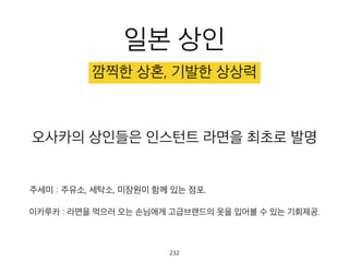 일본 상인
깜찍한 상혼, 기발한 상상력
이카루카 : 라면을 먹으러 오는 손님에게 고급브랜드의 옷을 입어볼 수 있는 기회제공.
주세미 : 주유소, 세탁소, 미장원이 함께 있는 점포.
오사카의 상인들은 인스턴트 라면을 최초로 발명
232
 