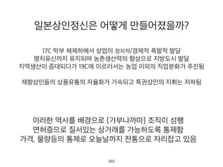 일본상인정신은 어떻게 만들어졌을까?
17C 막부 체제하에서 상업이 정치적/경제적 폭발적 발달
명치유신까지 유지되며 농촌생산력의 향상으로 지방도시 발달
지역생산이 증대되다가 19C에 이르러서는 농업 이외의 직업분화가 추진됨
재향상인들의 상품유통의 자율화가 가속되고 특권상인의 지휘는 저하됨
이러한 역사를 배경으로 [가부나까마] 조직이 성행
면허증으로 질서있는 상거래를 가능하도록 통제함
가격, 물량등의 통제로 오늘날까지 전통으로 자리잡고 있음
261
 
