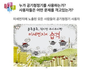 누가 공기청정기를 사용하는가?
사용자들은 어떤 문제를 격고있는가?
미세먼지에 노출된 모든 사람들이 공기청정기 사용자
78
 