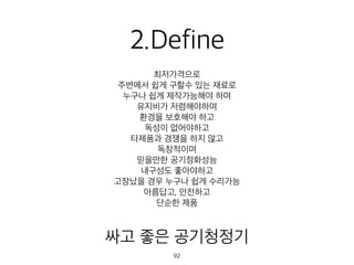 2.Define
최저가격으로
주변에서 쉽게 구할수 있는 재료로
누구나 쉽게 제작가능해야 하며
유지비가 저렴해야하며
환경을 보호해야 하고
독성이 없어야하고
타제품과 경쟁을 하지 않고
독창적이며
믿을만한 공기정화성능
내구성도 좋아야하고
고장났을 경우 누구나 쉽게 수리가능
아름답고, 안전하고
단순한 제품
싸고 좋은 공기청정기
92
 