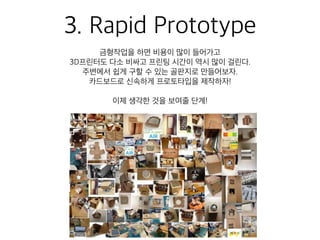 3. Rapid Prototype
금형작업을 하면 비용이 많이 들어가고
3D프린터도 다소 비싸고 프린팅 시간이 역시 많이 걸린다.
주변에서 쉽게 구할 수 있는 골판지로 만들어보자.
카드보드로 신속하게 프로토타입을 제작하자!
이제 생각한 것을 보여줄 단계!
93
 