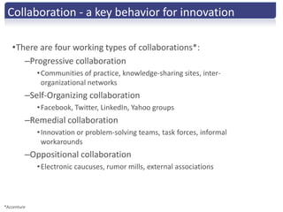Collaboration - a key behavior for innovation

   •There are four working types of collaborations*:
      –Progressive collaboration
             • Communities of practice, knowledge-sharing sites, inter-
               organizational networks
         –Self-Organizing collaboration
             • Facebook, Twitter, LinkedIn, Yahoo groups
         –Remedial collaboration
             • Innovation or problem-solving teams, task forces, informal
               workarounds
         –Oppositional collaboration
             • Electronic caucuses, rumor mills, external associations




*Accenture
 