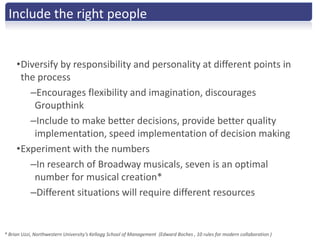 Include the right people


     •Diversify by responsibility and personality at different points in
      the process
        –Encourages flexibility and imagination, discourages
         Groupthink
        –Include to make better decisions, provide better quality
         implementation, speed implementation of decision making
     •Experiment with the numbers
        –In research of Broadway musicals, seven is an optimal
         number for musical creation*
        –Different situations will require different resources


* Brian Uzzi, Northwestern University’s Kellogg School of Management (Edward Boches , 10 rules for modern collaboration )
 