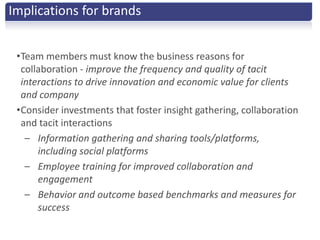 Implications for brands


 •Team members must know the business reasons for
  collaboration - improve the frequency and quality of tacit
  interactions to drive innovation and economic value for clients
  and company
 •Consider investments that foster insight gathering, collaboration
  and tacit interactions
   – Information gathering and sharing tools/platforms,
      including social platforms
   – Employee training for improved collaboration and
      engagement
   – Behavior and outcome based benchmarks and measures for
      success
 