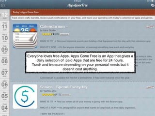 Everyone loves free Apps. Apps Gone Free is an App that gives a
daily selection of paid Apps that are free for 24 hours.
Trash and treasure depending on your personal needs but it
doesn't cost anything.
 