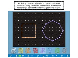 An iPad app can substitute for equipment that is not
available. Using Geoboard, students can examine the
relationships between transforming geometric shapes.
 