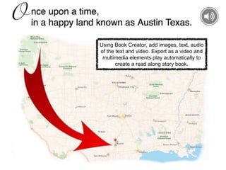 Using Book Creator, add images, text, audio
of the text and video. Export as a video and
multimedia elements play automatically to
create a read along story book.
 