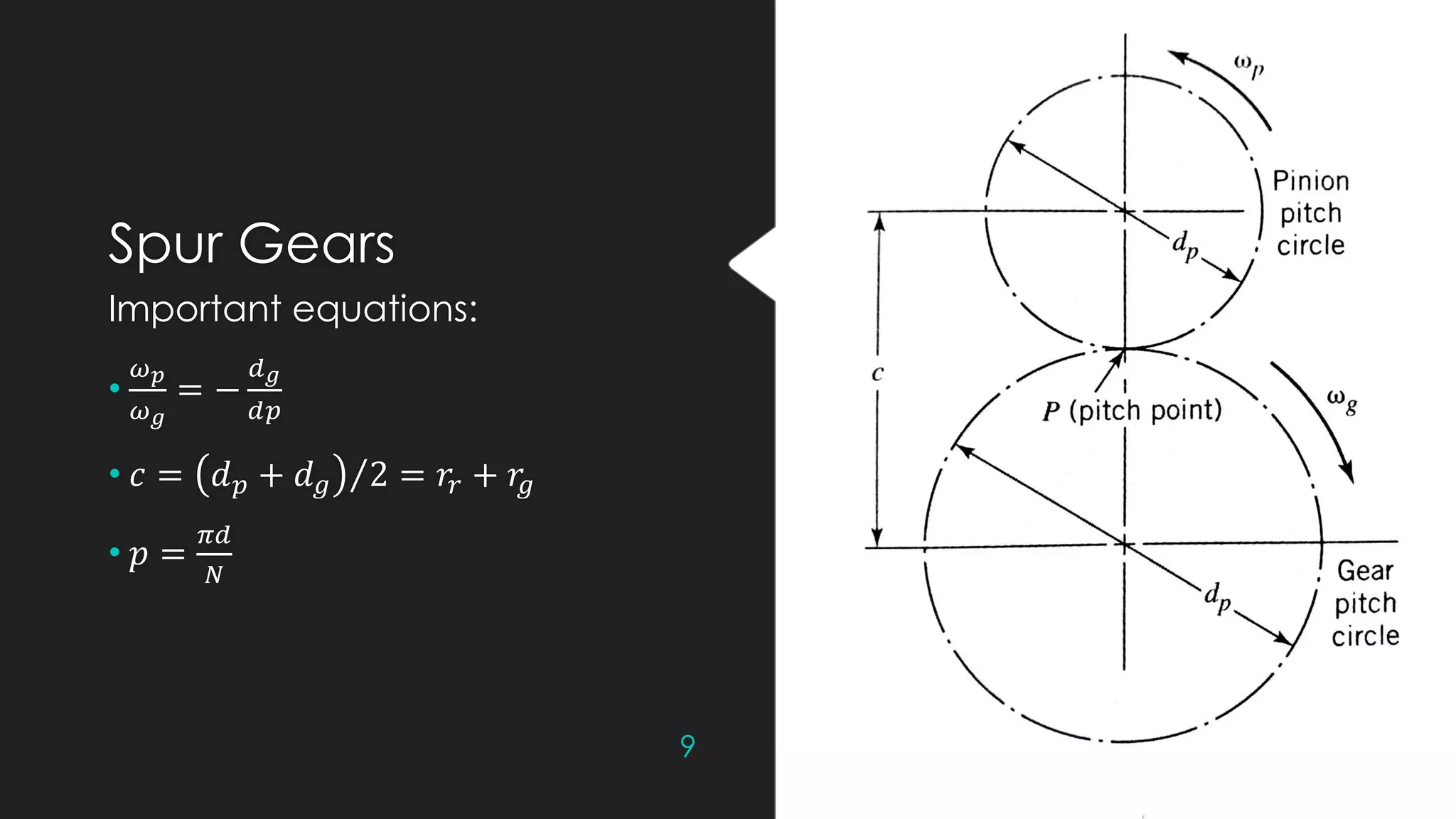 Spur Gears
Important equations:
•
𝜔 𝑝
𝜔 𝑔
= −
ⅆ 𝑔
ⅆ𝑝
• 𝑐 = Τⅆ 𝑝 + ⅆ 𝑔 2 = 𝑟𝑟 + 𝑟𝑔
• 𝑝 =
𝜋ⅆ
𝑁
9
 