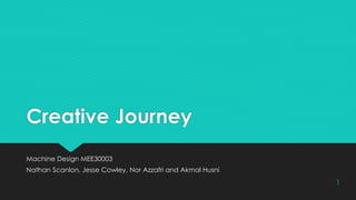 Creative Journey
Machine Design MEE30003
Nathan Scanlon, Jesse Cowley, Nor Azzafri and Akmal Husni
1
 