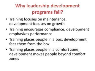 Why leadership development
programs fail?
• Training focuses on maintenance;
development focuses on growth
• Training encourages compliance; development
emphasizes performance
• Training places people in a box; development
fees them from the box
• Training places people in a comfort zone;
development moves people beyond comfort
zones
 