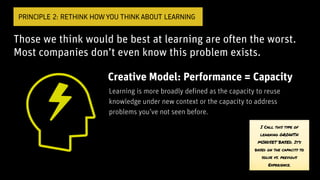 Those we think would be best at learning are often the worst.
Most companies don’t even know this problem exists.
PRINCIPLE 2: RETHINK HOW YOU THINK ABOUT LEARNING
Creative Model: Performance = Capacity
Learning is more broadly defined as the capacity to reuse
knowledge under new context or the capacity to address
problems you’ve not seen before.
I Call this type of
learning GROWTH
MINDSET BASED. It’s
based on the capacity to
solve vs. previous
Experience.
 