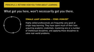 What got you here, won’t necessarily get you there.
PRINCIPLE 2: RETHINK HOW YOU THINK ABOUT LEARNING
SINGLE LOOP LEARNING - FIXED MINDSET
Highly skilled professionals are frequently very good at
single-loop learning. They have spent much of their lives
acquiring academic credentials, mastering one or a number
of intellectual disciplines, and applying those disciplines to
solve real-world problems.
 