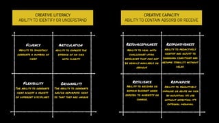 ability to express the
essence of an idea
with clarity
Ability to smoothly
generate a number of
ideas
The ability to generate
ideas across a variety
of different disciplines
The ability to generate
and/or repurpose ideas
so that they are unique
CREATIVE CAPACITY
ABILITY TO CONTAIN ABSORB OR RECEIVE
ability to proactively
identify and adjust to
changing conditions and
resume stability without
delay.
Ability to deal with
challenges using
resources that may not
be readily available or
obvious
Ability to recover or
remain buoyant when
exposed to adversity or
change.
Ability to proactively
improve or reuse an idea
by adjusting its use
without affecting it’s
external meaning.
CREATIVE LITERACY
ABILITY TO IDENTIFY OR UNDERSTAND
ArticulationFluency
Flexibility Originality
ResponsivenessResourcefulness
Resilience Repurpose
 