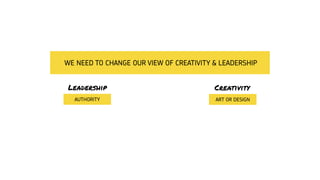WE NEED TO CHANGE OUR VIEW OF CREATIVITY & LEADERSHIP
Leadership Creativity
AUTHORITY ART OR DESIGN
 