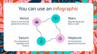 You can use an infographic
It’s composed of
hydrogen and
helium
It’s the farthest
planet from the Sun
Venus
Venus is the second
planet from the Sun
Despite being red,
Mars is cold
Mars
Saturn Neptune
 