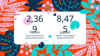2,36
9
Venus is the second
planet from the Sun
8,47
5
Jupiter is the biggest
planet of them all
Venus Jupiter
 