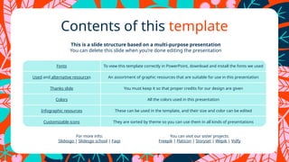 Contents of this template
Fonts To view this template correctly in PowerPoint, download and install the fonts we used
Used and alternative resources An assortment of graphic resources that are suitable for use in this presentation
Thanks slide You must keep it so that proper credits for our design are given
Colors All the colors used in this presentation
Infographic resources These can be used in the template, and their size and color can be edited
Customizable icons They are sorted by theme so you can use them in all kinds of presentations
This is a slide structure based on a multi-purpose presentation
You can delete this slide when you’re done editing the presentation
For more info:
ݺߣsgo | ݺߣsgo school | Faqs
You can visit our sister projects:
Freepik | Flaticon | Storyset | Wepik | Vidfy
 