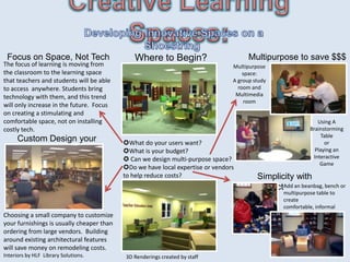 Focus on Space, Not Tech                      Where to Begin?                        Multipurpose to save $$$
The focus of learning is moving from                                            Multipurpose
the classroom to the learning space                                                 space:
that teachers and students will be able                                         A group study
to access anywhere. Students bring                                                room and
technology with them, and this trend                                             Multimedia
                                                                                     room
will only increase in the future. Focus
on creating a stimulating and
comfortable space, not on installing                                                                          Using A
costly tech.                                                                                               Brainstorming
                                                                                                                Table
      Custom Design your                   What do your users want?                                             or
            Space                          What is your budget?                                             Playing an
                                            Can we design multi-purpose space?                             Interactive
                                                                                                               Game
                                           Do we have local expertise or vendors
                                           to help reduce costs?                         Simplicity with
                                                                                         ImpactAdd an beanbag, bench or
                                                                                                 multipurpose table to
                                                                                                 create
                                                                                                 comfortable, informal
Choosing a small company to customize                                                            learning spaces
your furnishings is usually cheaper than
ordering from large vendors. Building
around existing architectural features
will save money on remodeling costs.
Interiors by HLF Library Solutions.         3D Renderings created by staff
 