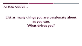 ASYOU ARRIVE ...
List as many things you are passionate about
as you can.
What drives you?
 