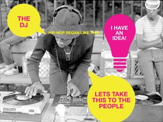 THE
DJ
HIP-HOP BEGAN LIKE THIS…

I HAVE
AN
IDEA!

LETS TAKE
THIS TO THE
PEOPLE

 