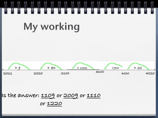 My working


       +9           + 80          + 1000          +900          + 20
2011         2020          2100            3100          4000          4020




Is the answer: 1109 or 2009 or 1110
              or 1220
 