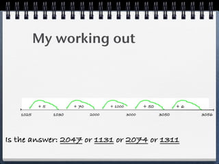 My working out



          +5          + 70          + 1000          + 50          +6
   1025        1030          2000            3000          3050        3056




Is the answer: 2047 or 1131 or 2074 or 1311
 