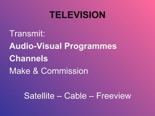TELEVISION Transmit: Audio-Visual Programmes Channels Make & Commission Satellite – Cable – Freeview 