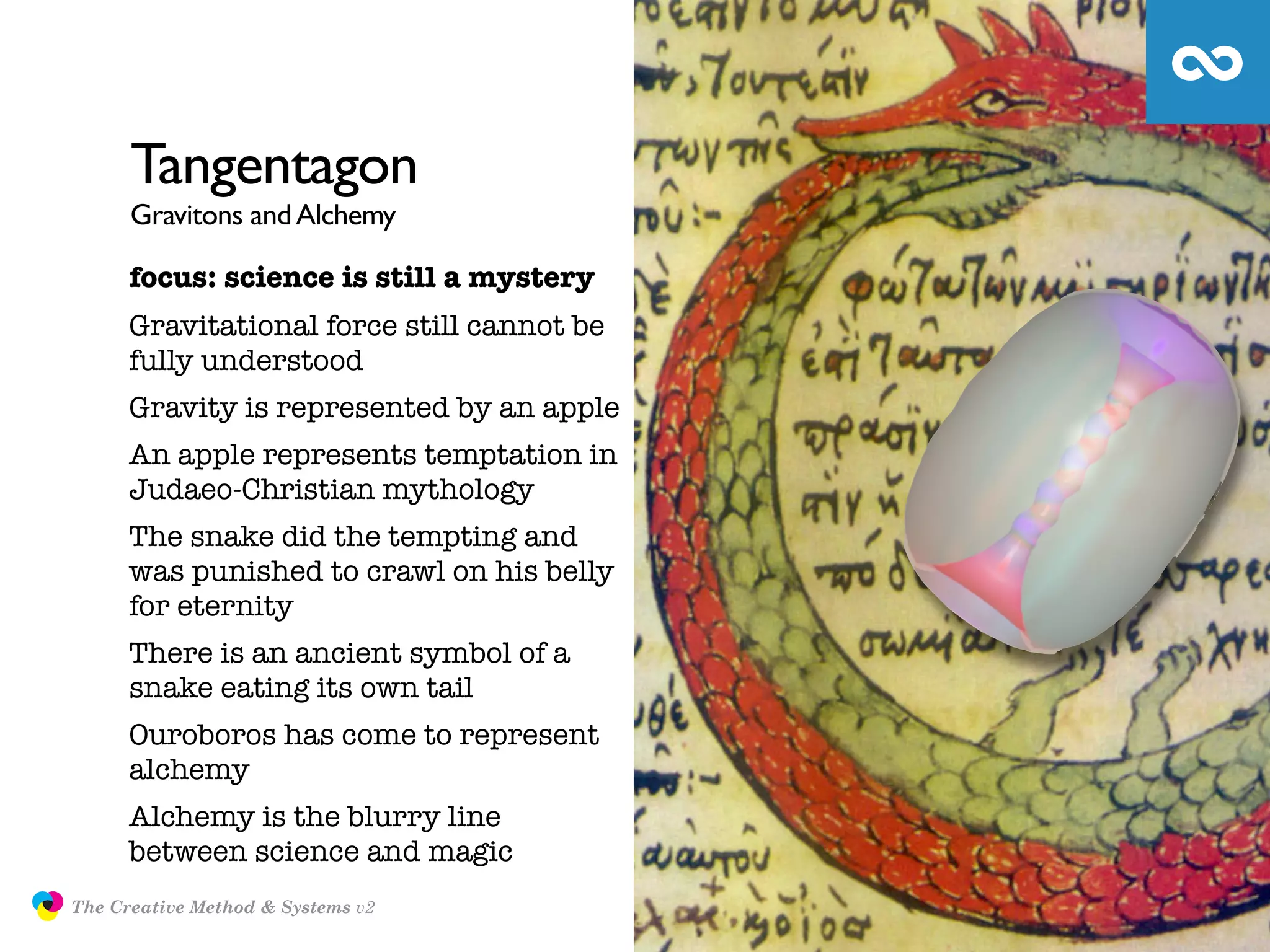 Tangentagon
                     Gravitons and Alchemy

                     focus: science is still a mystery
                     Gravitational force still cannot be
                     fully understood
                     Gravity is represented by an apple
                     An apple represents temptation in
                     Judaeo-Christian mythology
                     The snake did the tempting and
                     was punished to crawl on his belly
                     for eternity
                     There is an ancient symbol of a
                     snake eating its own tail
                     Ouroboros has come to represent
                     alchemy
                     Alchemy is the blurry line
                     between science and magic
               The Creative Method & Systems v2            JasonTheodor.com
  the
Creative
Method
 and systems
 