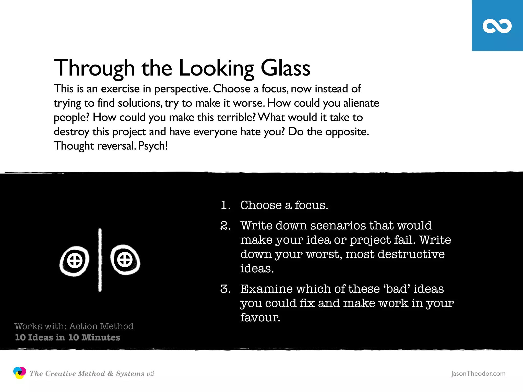 Through the Looking Glass
                     This is an exercise in perspective. Choose a focus, now instead of
                     trying to find solutions, try to make it worse. How could you alienate
                     people? How could you make this terrible? What would it take to
                     destroy this project and have everyone hate you? Do the opposite.
                     Thought reversal. Psych!



                                                        1. Choose a focus.
                                                        2. Write down scenarios that would
                                                           make your idea or project fail. Write
                                                           down your worst, most destructive
                                                           ideas.
                                                        3. Examine which of these ‘bad’ ideas
                                                           you could ﬁx and make work in your
                                                           favour.
Works with: Action Method
10 Ideas in 10 Minutes


               The Creative Method & Systems v2                                                    JasonTheodor.com
  the
Creative
Method
 and systems
 