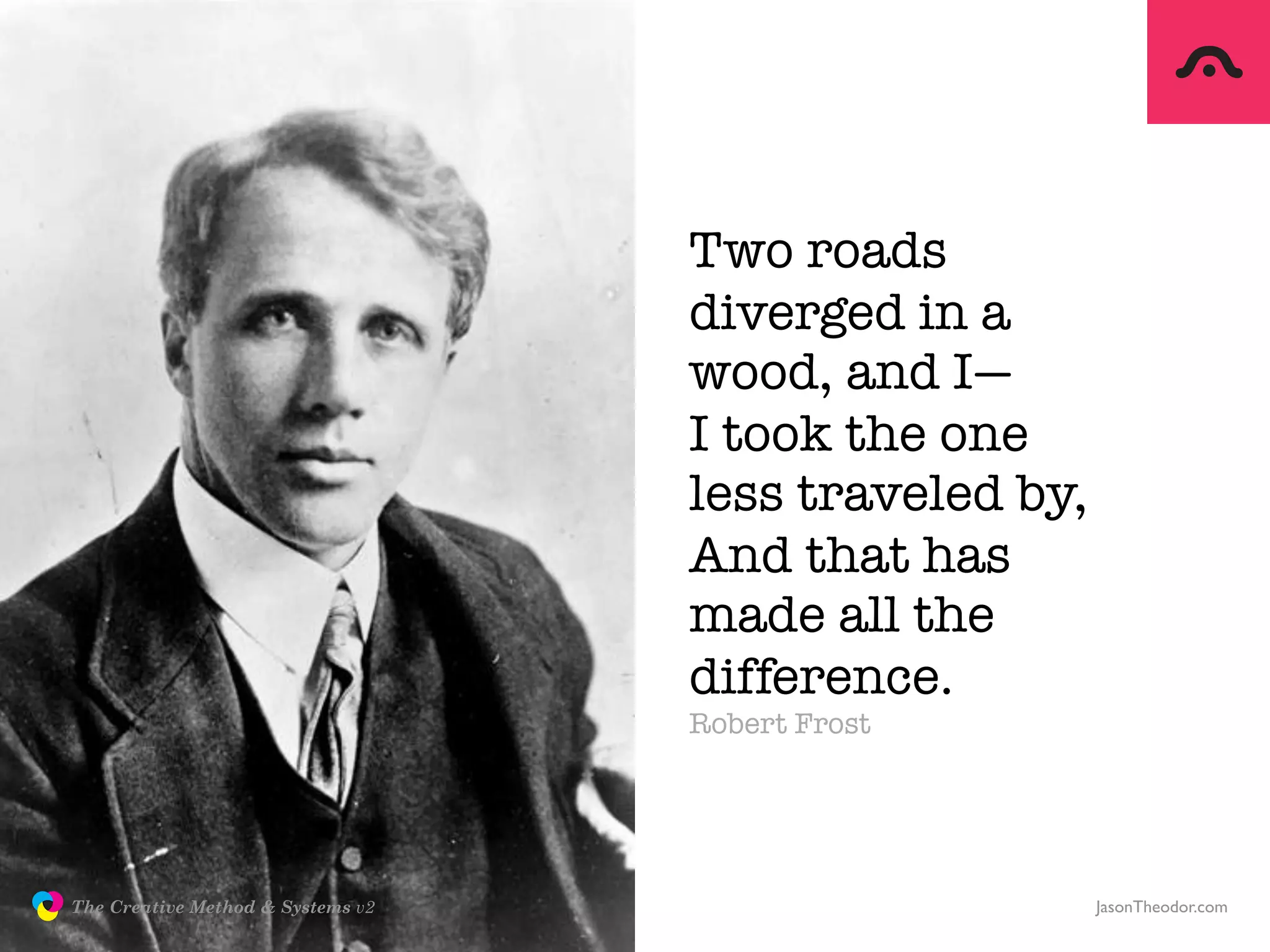 Two roads
                                                  diverged in a
                                                  wood, and I—
                                                  I took the one
                                                  less traveled by,
                                                  And that has
                                                  made all the
                                                  difference.
                                                  Robert Frost




               The Creative Method & Systems v2                       JasonTheodor.com
  the
Creative
Method
 and systems
 