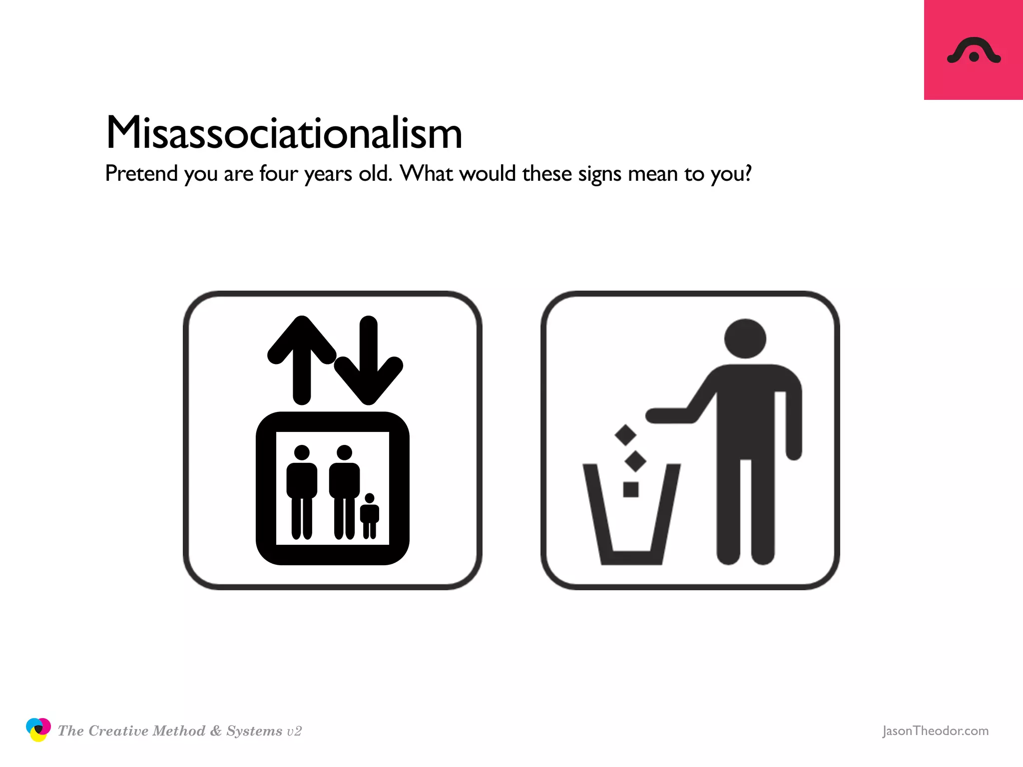 Misassociationalism
                     Pretend you are four years old. What would these signs mean to you?




               The Creative Method & Systems v2                                            JasonTheodor.com
  the
Creative
Method
 and systems
 