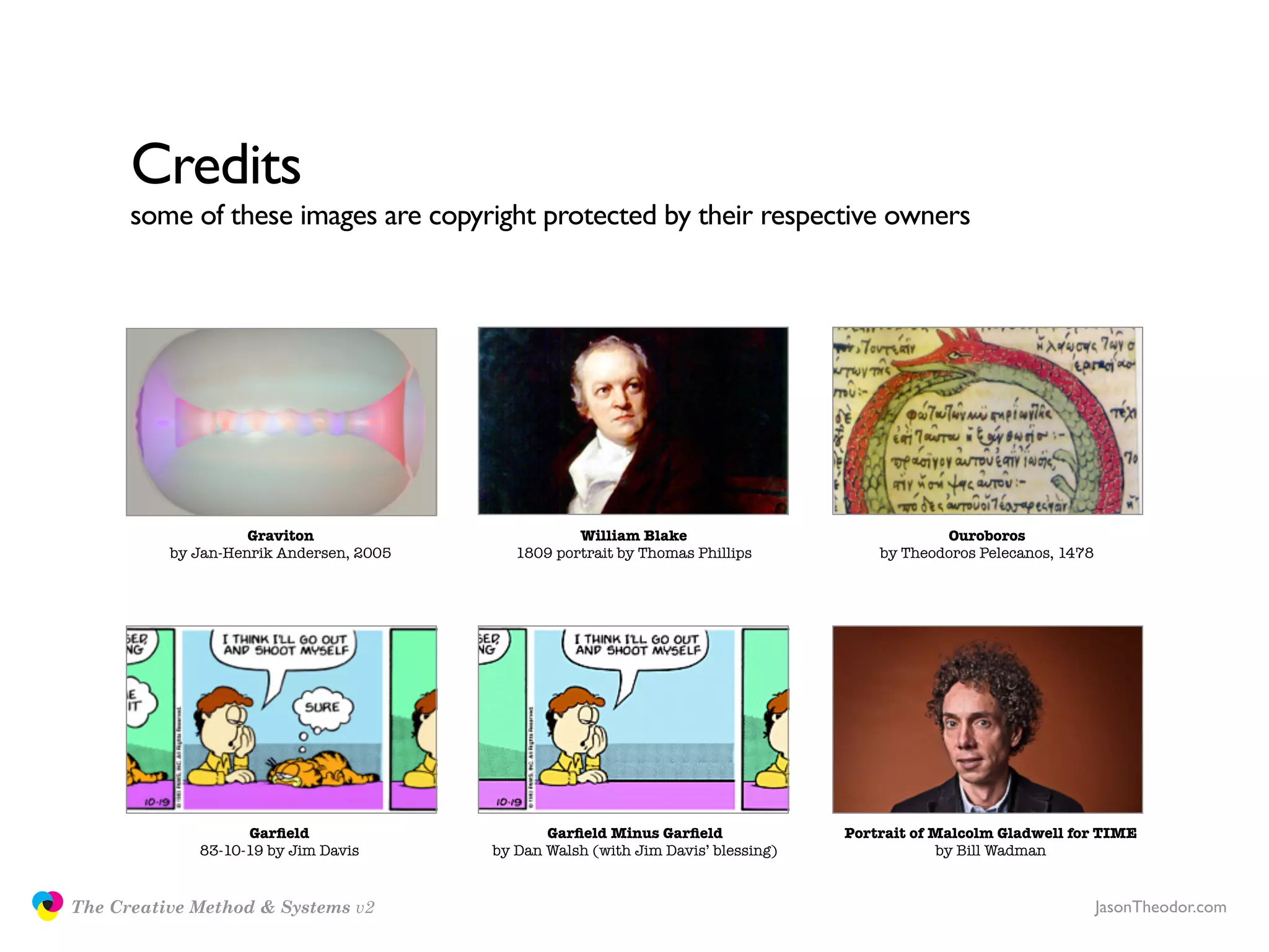 Credits
                     some of these images are copyright protected by their respective owners




                                   Graviton                        William Blake                              Ouroboros
                         by Jan-Henrik Andersen, 2005      1809 portrait by Thomas Phillips           by Theodoros Pelecanos, 1478




                                  Garﬁeld                      Garﬁeld Minus Garﬁeld              Portrait of Malcolm Gladwell for TIME
                            83-10-19 by Jim Davis       by Dan Walsh (with Jim Davis’ blessing)               by Bill Wadman


               The Creative Method & Systems v2                                                                                      JasonTheodor.com
  the
Creative
Method
 and systems
 