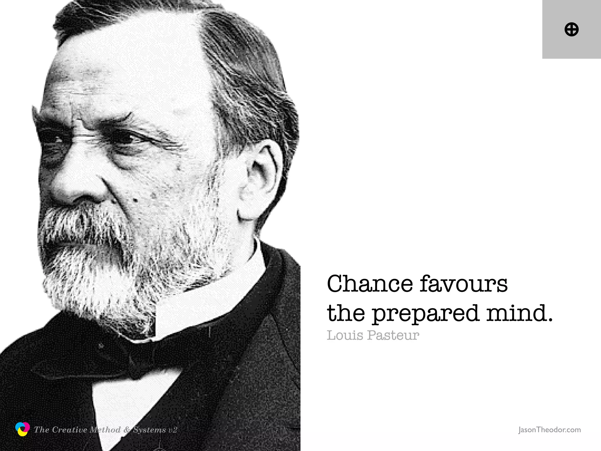 Chance favours
                                                  the prepared mind.
                                                  Louis Pasteur




               The Creative Method & Systems v2                   JasonTheodor.com
  the
Creative
Method
 and systems
 