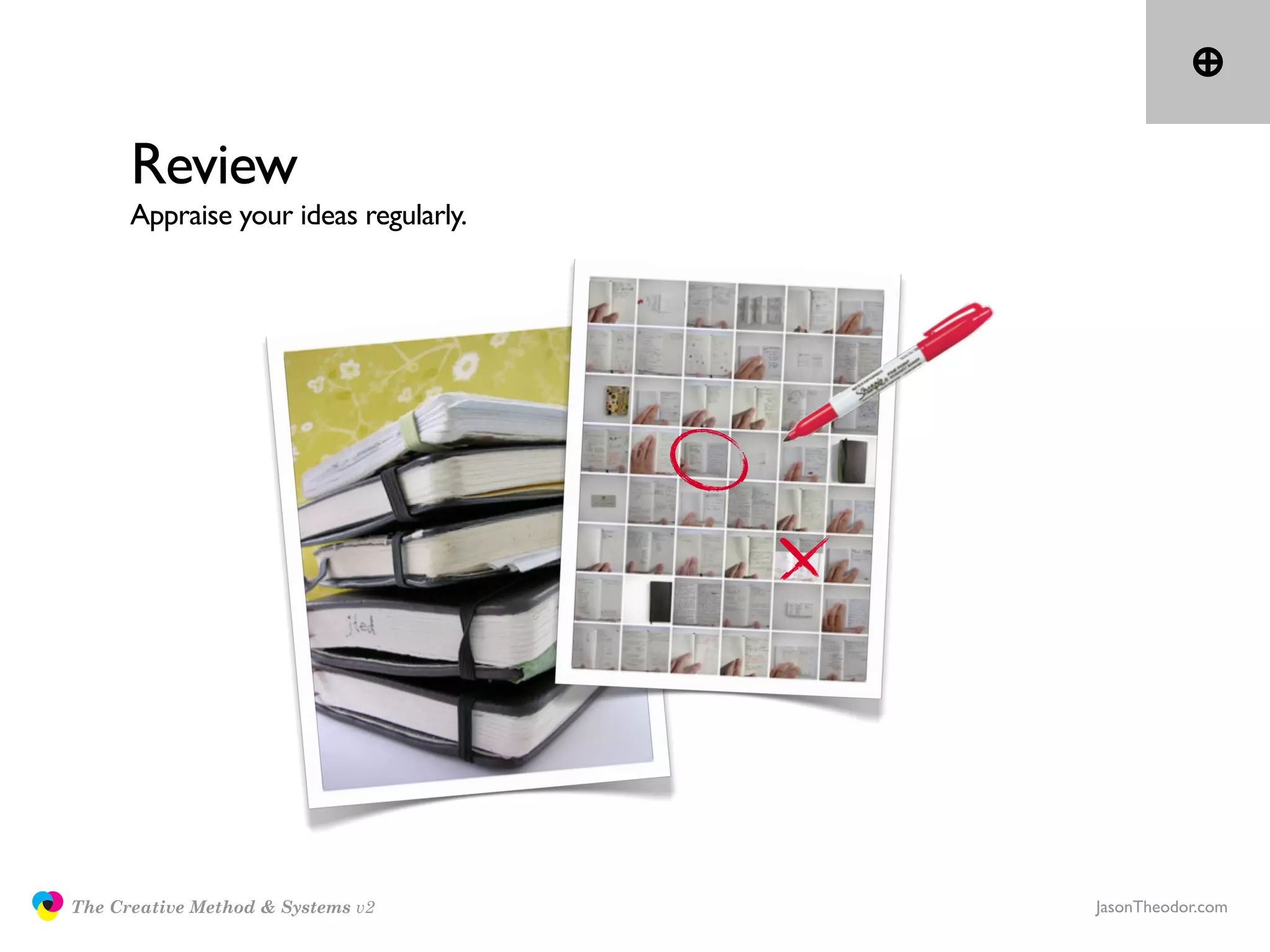 Review
                     Appraise your ideas regularly.




               The Creative Method & Systems v2       JasonTheodor.com
  the
Creative
Method
 and systems
 
