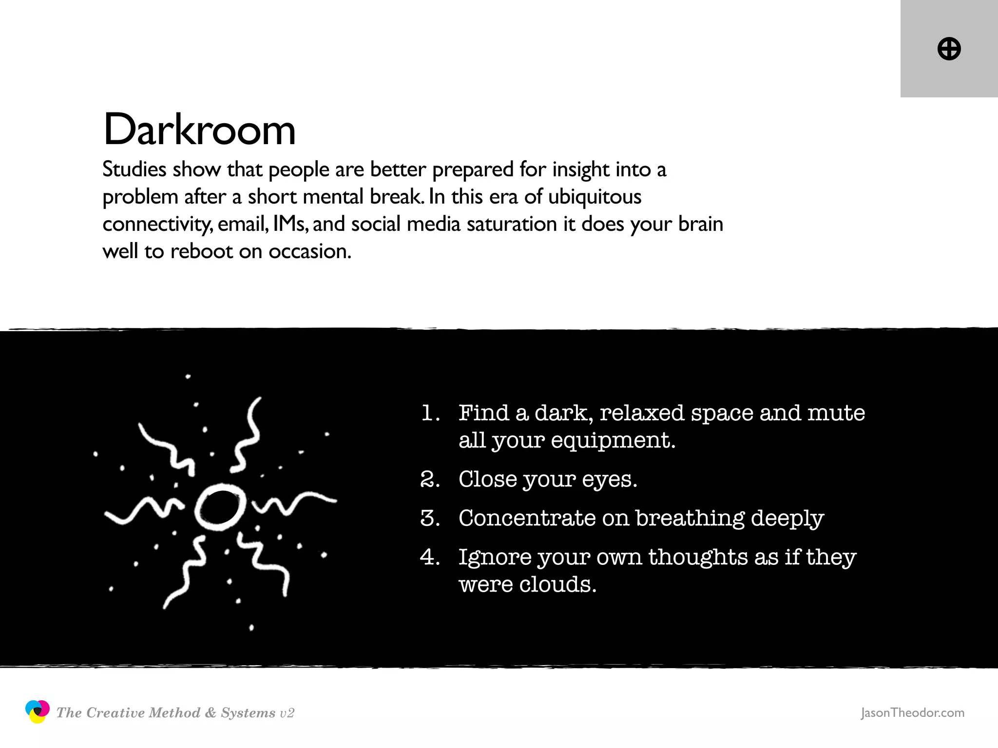 Darkroom
                     Studies show that people are better prepared for insight into a
                     problem after a short mental break. In this era of ubiquitous
                     connectivity, email, IMs, and social media saturation it does your brain
                     well to reboot on occasion.




                                                         1. Find a dark, relaxed space and mute
                                                            all your equipment.
                                                         2. Close your eyes.
                                                         3. Concentrate on breathing deeply
                                                         4. Ignore your own thoughts as if they
                                                            were clouds.




               The Creative Method & Systems v2                                                   JasonTheodor.com
  the
Creative
Method
 and systems
 