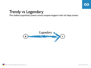 Trendy vs Legendary
                     Thin shallow (superficial) content cannot compete longterm with rich deep content.




                                                        Legendary
                                            0                                      1




               The Creative Method & Systems v2                                                           JasonTheodor.com
  the
Creative
Method
 and systems
 