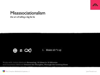 Misassociationalism
                     the art of telling a big fat lie




                                        ∞               1. Make sh*t up




Works with: Action Methods Streaming, 10 Ideas in 10 Minutes
and Connection Methods Connect the Thoughts, Through the Looking Glass


               The Creative Method & Systems v2                           JasonTheodor.com
  the
Creative
Method
 and systems
 