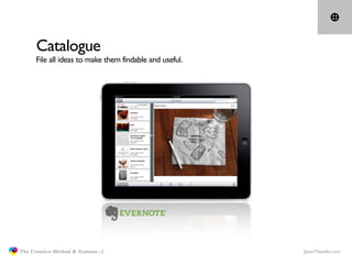 Catalogue
                     File all ideas to make them findable and useful.




               The Creative Method & Systems v2                         JasonTheodor.com
  the
Creative
Method
 and systems
 