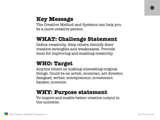 Key Message
                                     The Creative Method and Systems can help you
                                     be a more creative person.

                                     WHAT: Challenge Statement
                                     Deﬁne creativity. Help others identify their
                                     creative strengths and weaknesses. Provide
                                     tools for improving and enabling creativity.

                                     WHO: Target
                                     Anyone intent on making interesting original
                                     things. Could be an artist, musician, art director,
                                     designer, writer, entrepreneur, investment
                                     banker, inventor.

                                     WHY: Purpose statement
                                     To inspire and enable better creative output in
                                     the universe.


               The Creative Method & Systems v2                                            JasonTheodor.com
  the
Creative
Method
 and systems
 