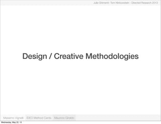 Design / Creative Methodologies
Julie Ghimenti- Tom Klinkowstein - Directed Research 2013
Massimo Vignelli IDEO Method Cards Mauricio Giraldo
Wednesday, May 22, 13
 