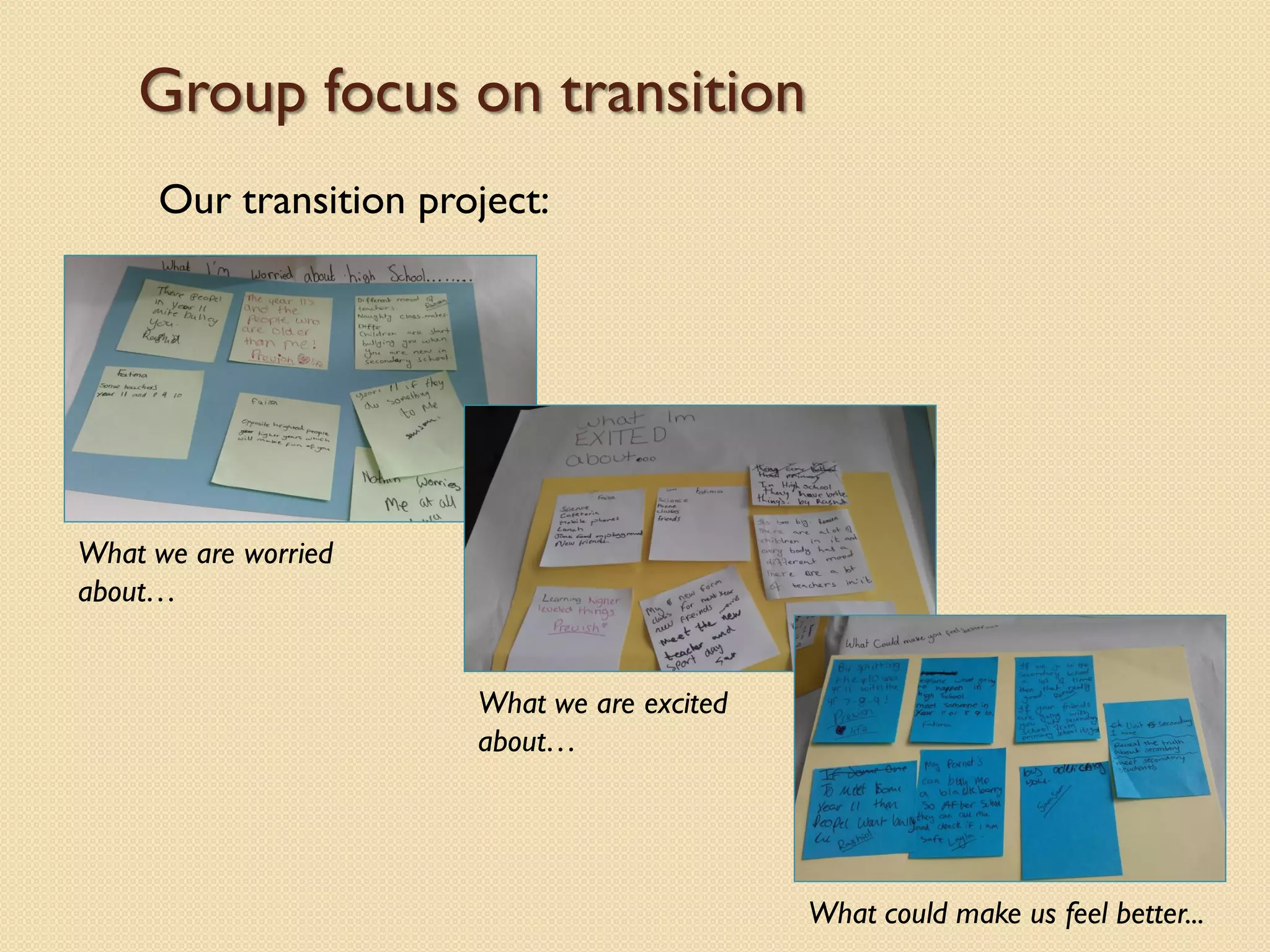 Group focus on transition
      Our transition project:




What we are worried
about…


                        What we are excited
                        about…




                                              What could make us feel better...
 
