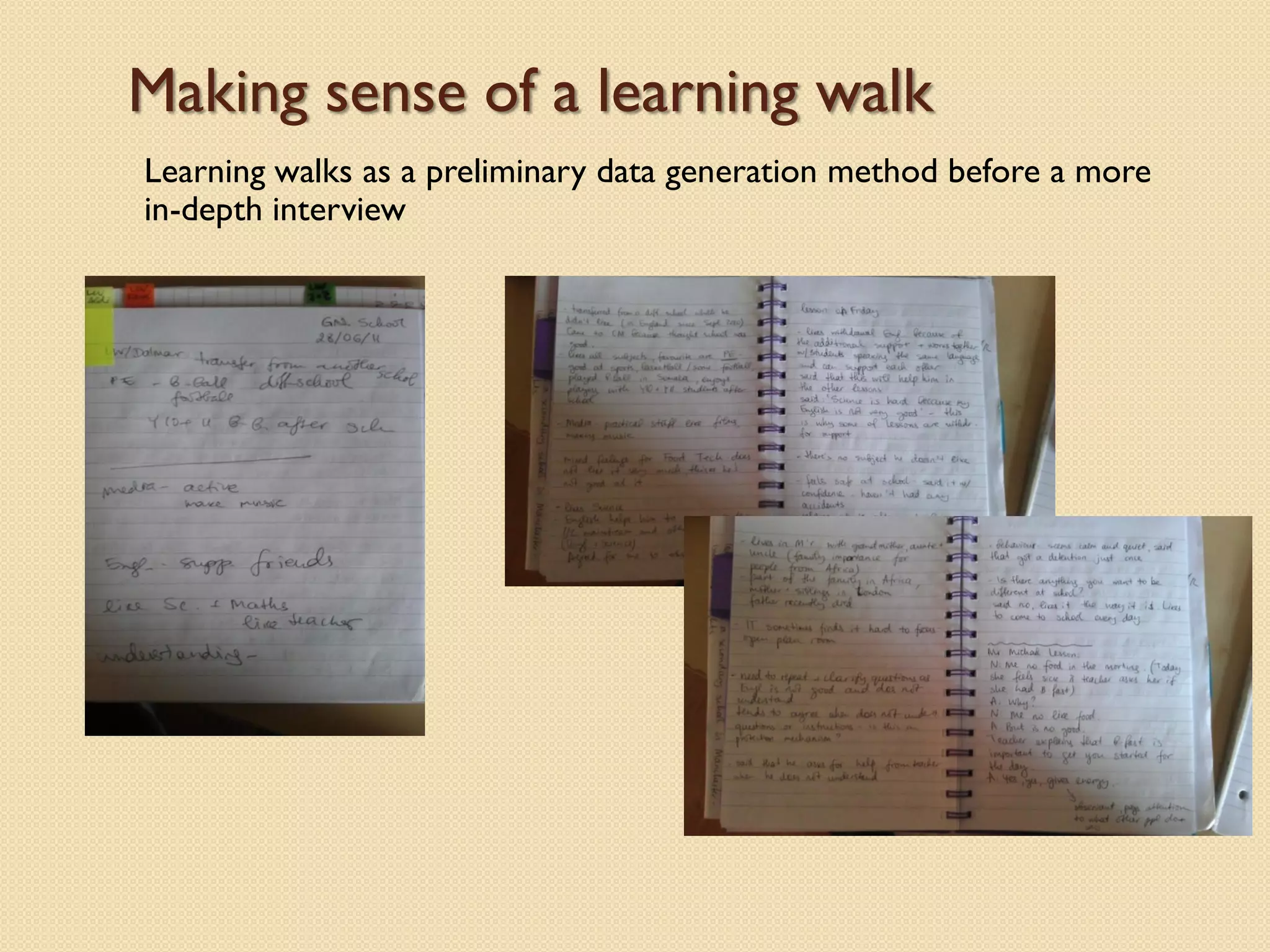 Making sense of a learning walk
Learning walks as a preliminary data generation method before a more
in-depth interview
 